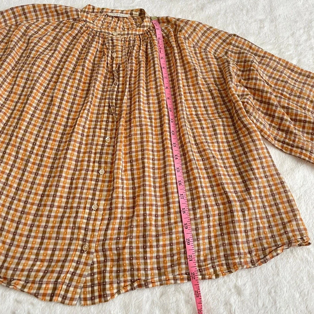 Doen The Jane Blouse Orange Meringue Plaid Clip Dot Cotton Button Top Size XS